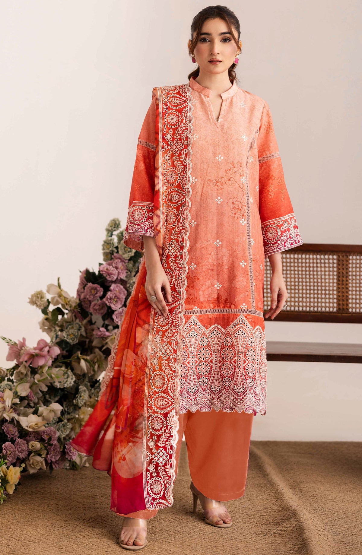 Sameel by Johra Embroidered Lawn Unstitched 3 Piece Suit - JH-255 - JH25SC - Orange - Summer Collection