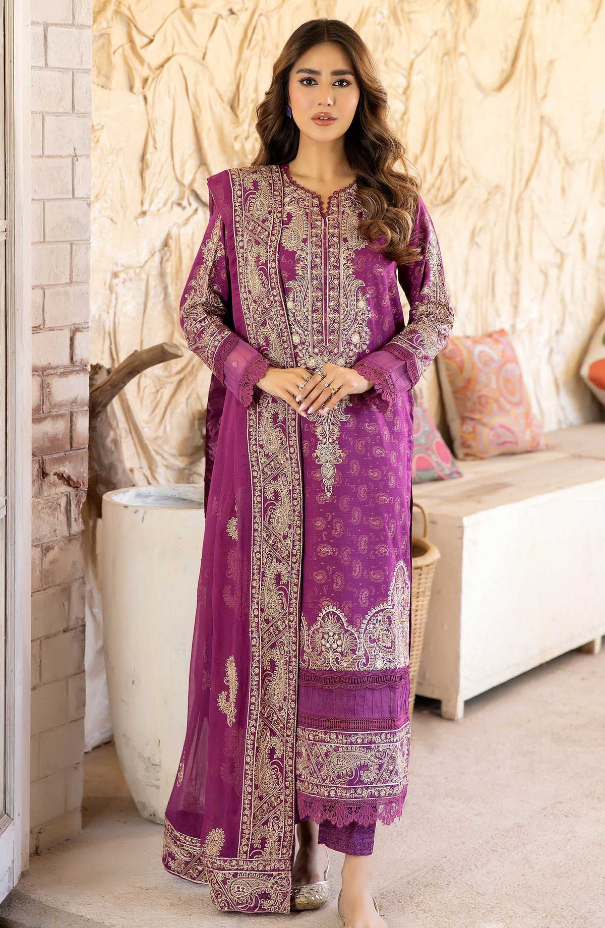 Afsoon by Johra Embroidered Banasri Jacquard Unstitched 3 Piece Suit - JH 572 - JO25ABJ - Purple - Festive Collection