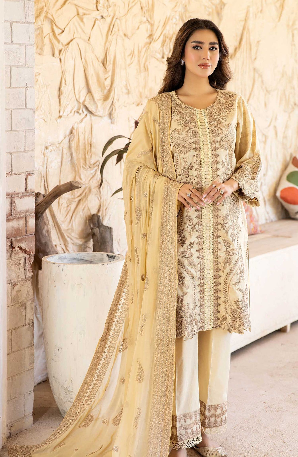 Afsoon by Johra Embroidered Banasri Jacquard Unstitched 3 Piece Suit - JH 573 - JO25ABJ - Beige - Festive Collection