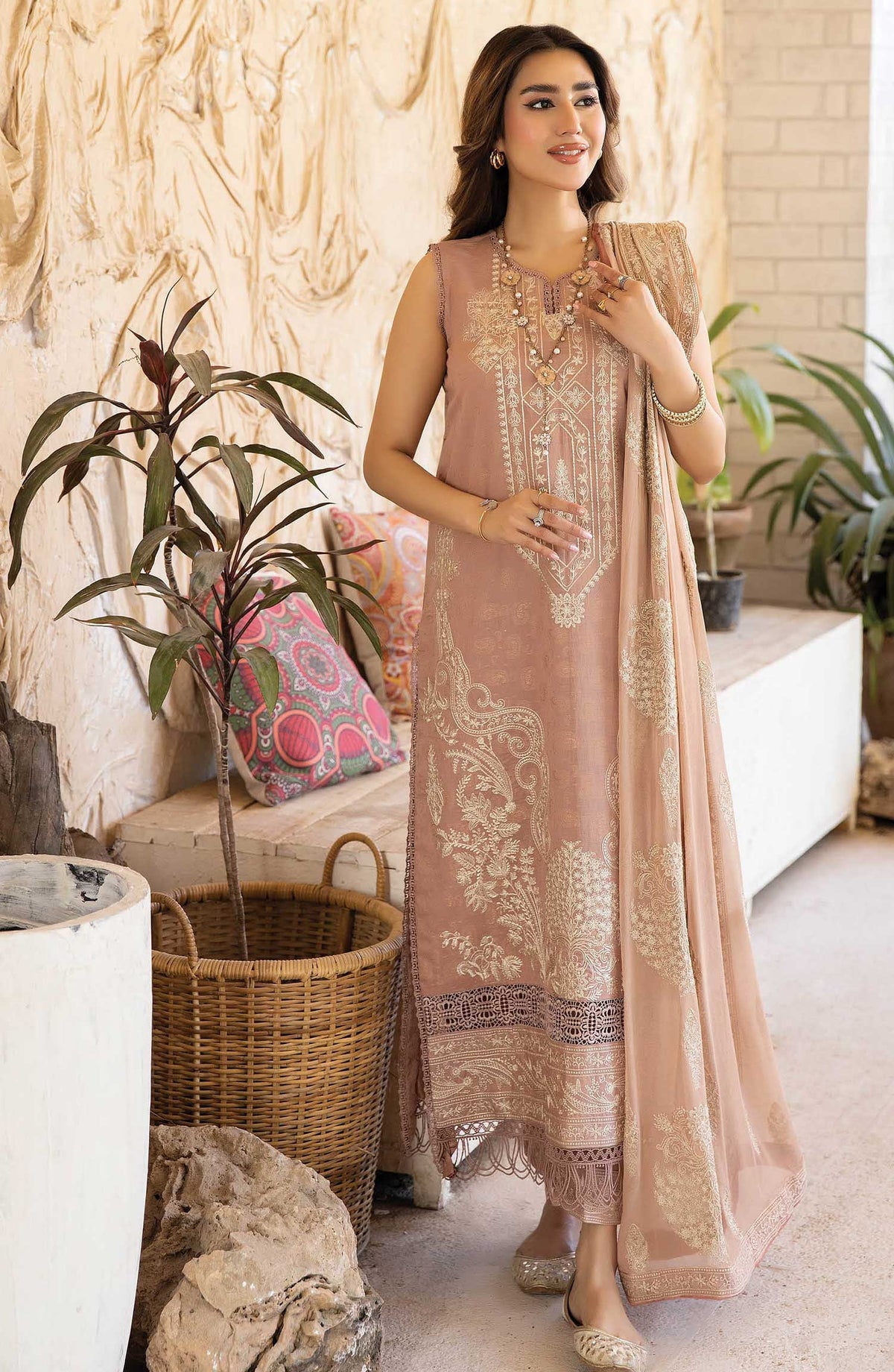 Afsoon by Johra Embroidered Banasri Jacquard Unstitched 3 Piece Suit - JH 574 - JO25ABJ - Fawn - Festive Collection