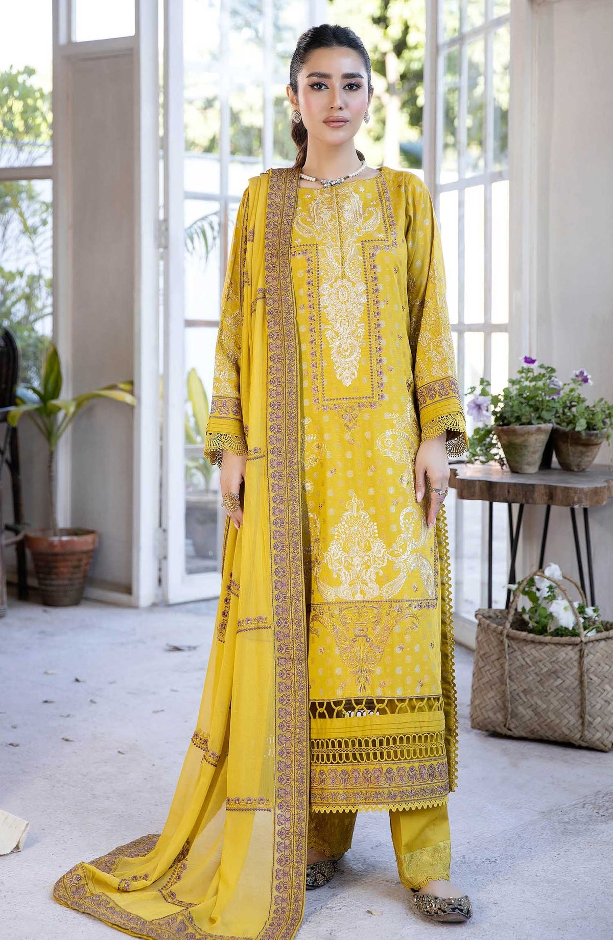 Afsoon by Johra Embroidered Banasri Jacquard Unstitched 3 Piece Suit - JH 577 - JO25ABJ - Yellow - Festive Collection