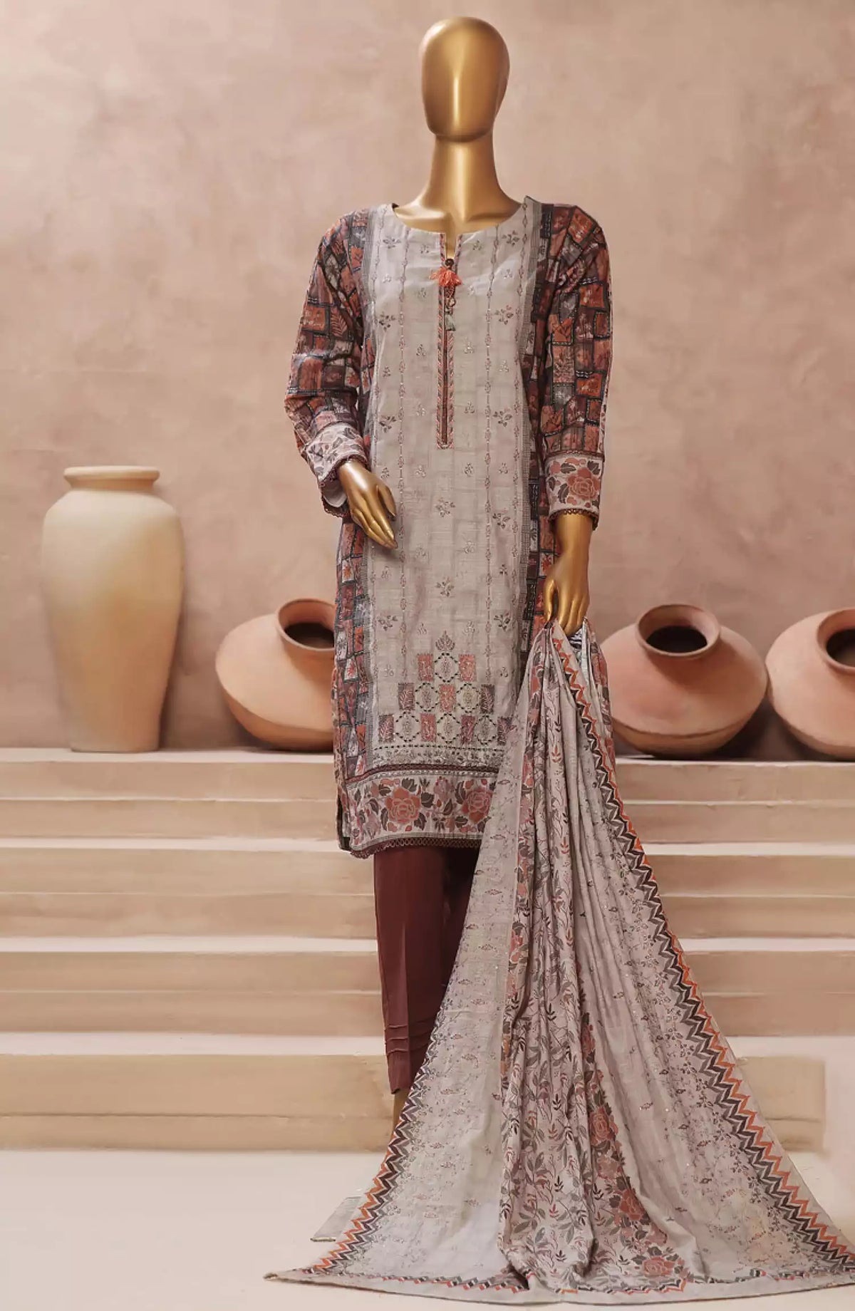 HZ Khaddar Embroidered 3 PCS  RTW Vol 02 - KE-912 RUST BROWN
