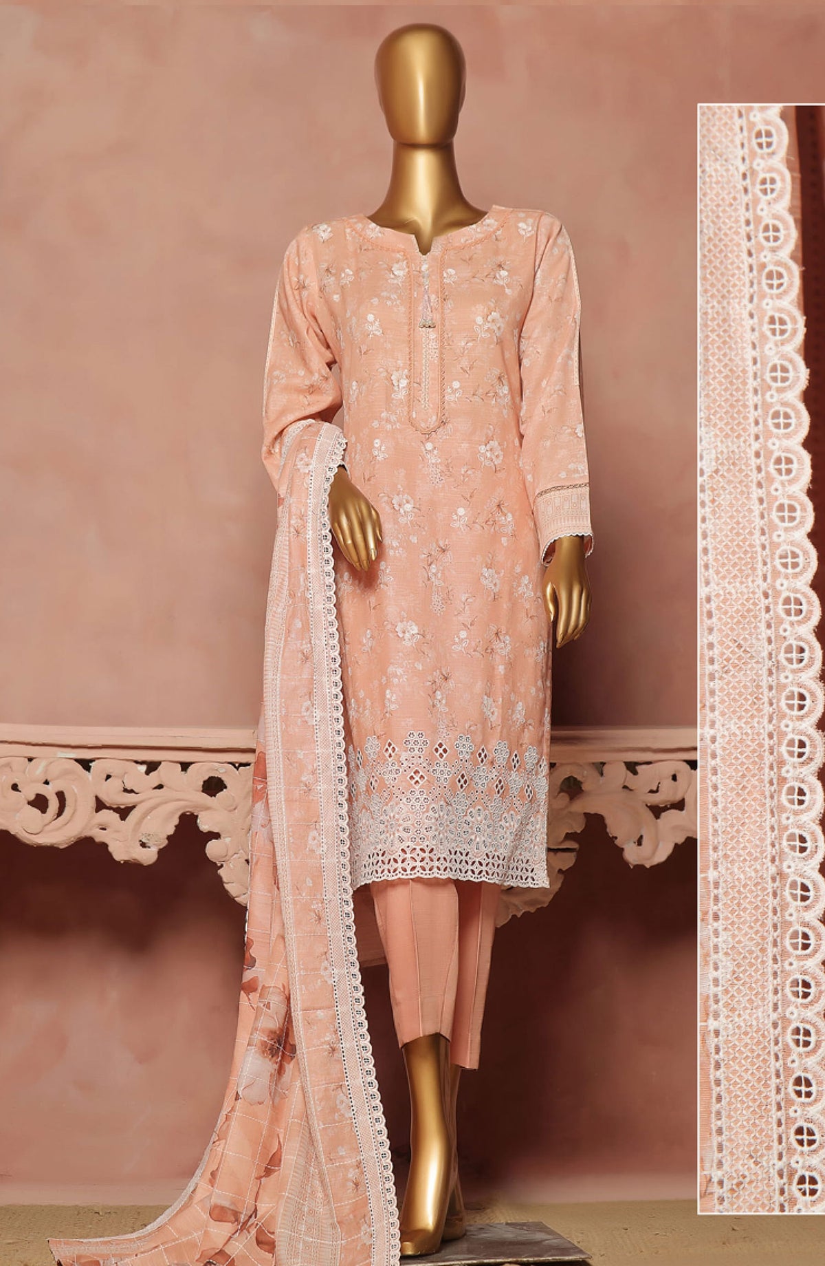 HZ RTW Khaddar Printed Embroidered Chikankari with Embroidered Dupatta Vol 11 - KE-922 PASTEL PEACH
