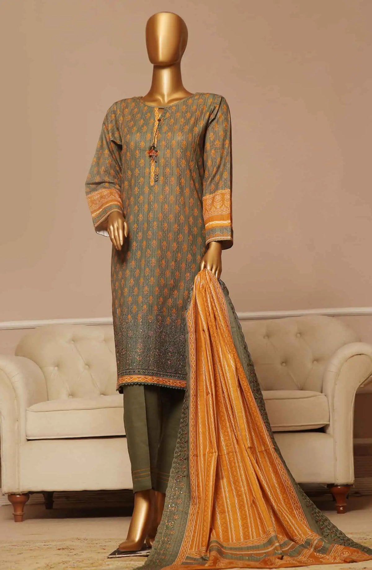 HZ Khaddar Embroidered RTW 3Pc with CutWork Dupatta - Vol 1 - KE 903 OLIVE