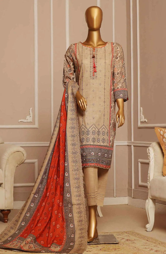 HZ Khaddar Embroidered RTW 3Pc with CutWork Dupatta - Vol 1 - KE 909 KHAKI