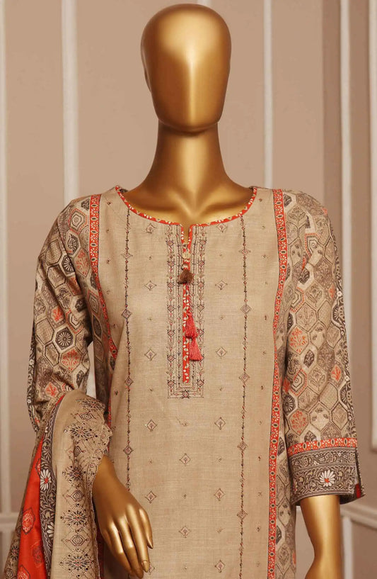 HZ Khaddar Embroidered RTW 3Pc with CutWork Dupatta - Vol 1 - KE 909 KHAKI