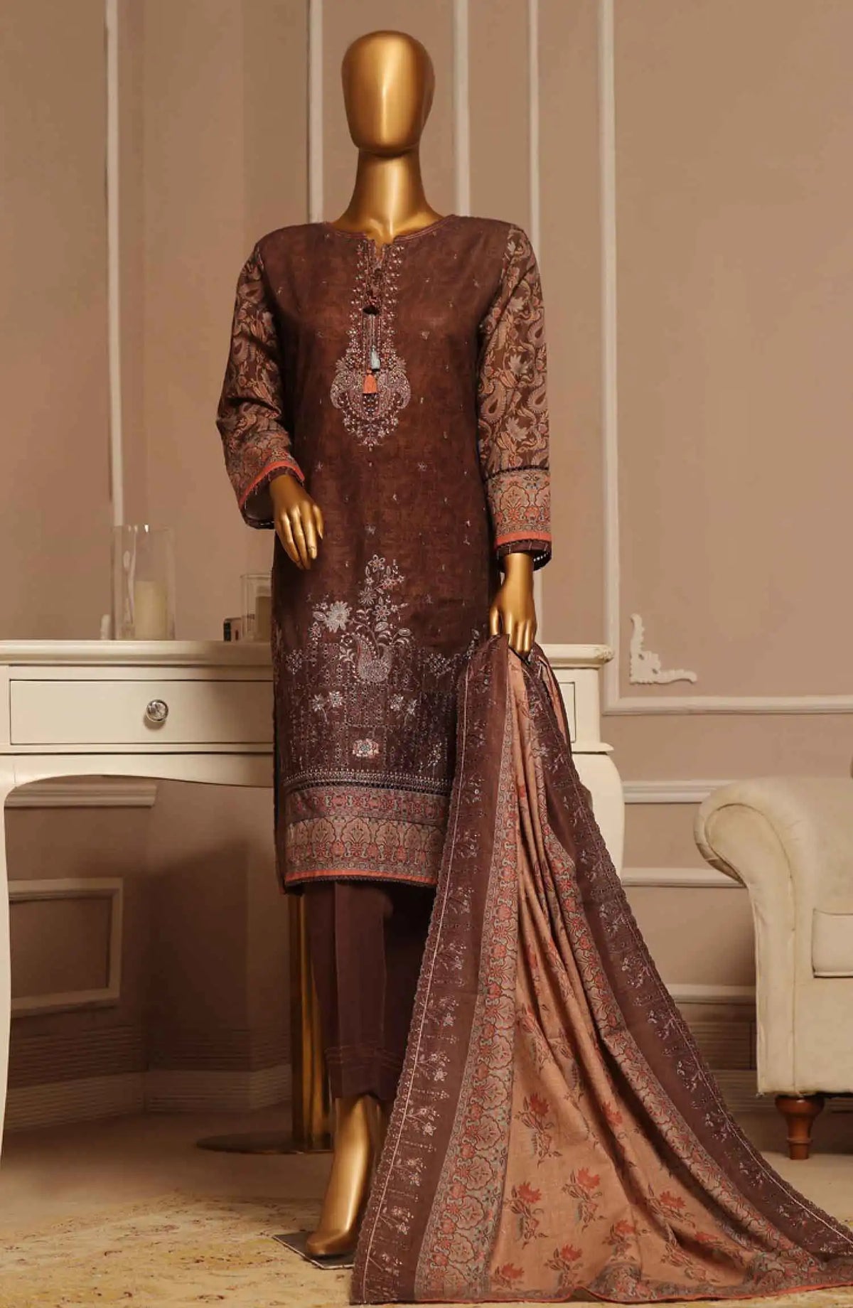 HZ Khaddar Embroidered RTW 3Pc with CutWork Dupatta - Vol 1 - KE 910 BROWN