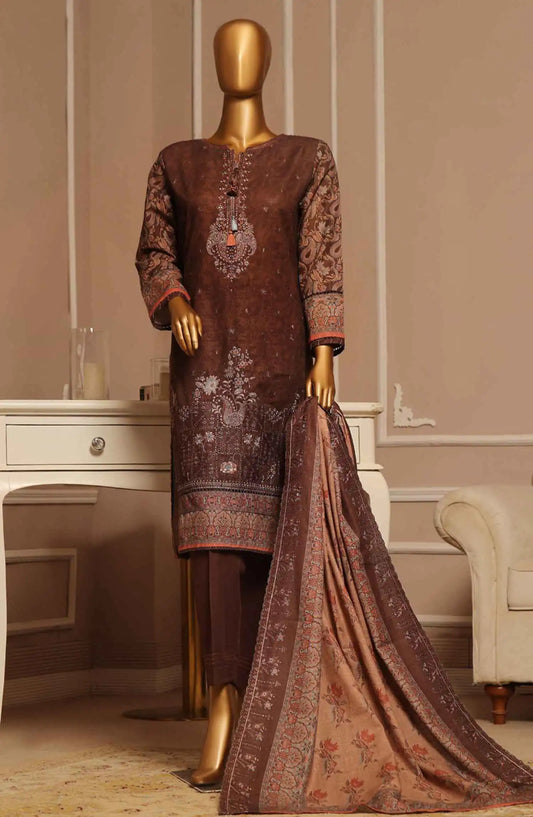 HZ Khaddar Embroidered RTW 3Pc with CutWork Dupatta - Vol 1 - KE 910 BROWN