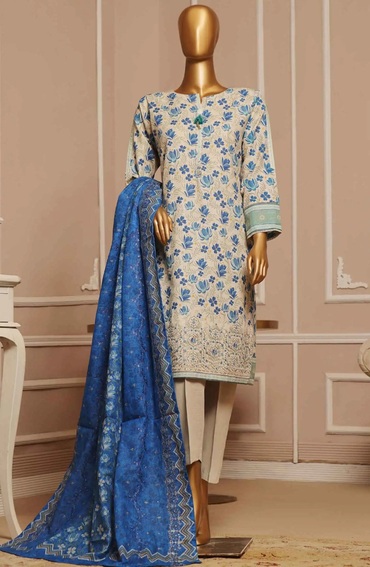 HZ Khaddar Embroidered RTW 3Pc with CutWork Dupatta - Vol 1 - KE 911 BEIGE BLUE