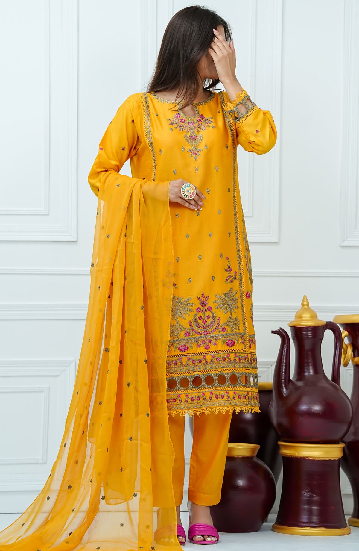 Kastoor by Amna Khadija Embroidered Cotton Stitched 3 Piece Suit - KLP-08 - AM25KSLV2 - Mustard - Summer Collection
