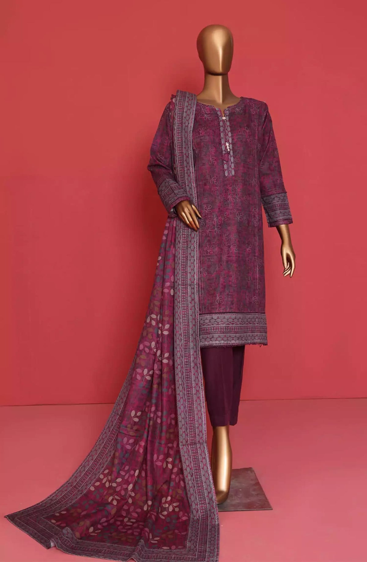 HZ RTW Wintry Prints 3 Pcs Khaddar Series Vol 01-KP-103 MEGENTA GREY