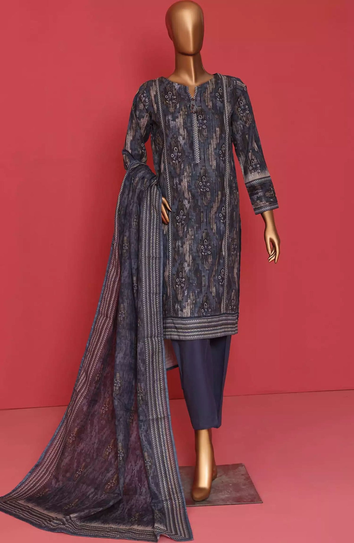 HZ RTW Wintry Prints 3 Pcs Khaddar Series Vol 01-KP-104 MARBLE BLUE