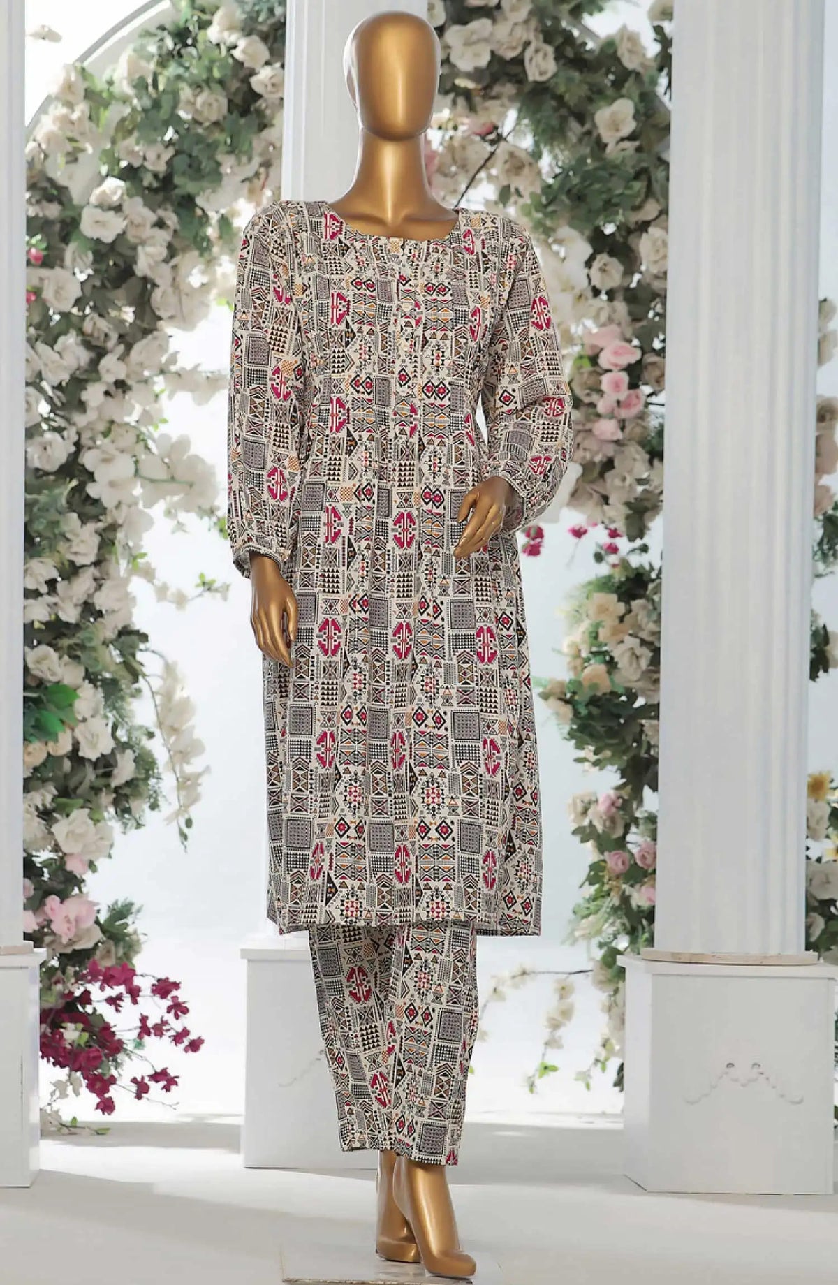 HZ Light Khaddar Frocks 2Pc Co Ords Vol 02-KPC 922 CREAM MULTI