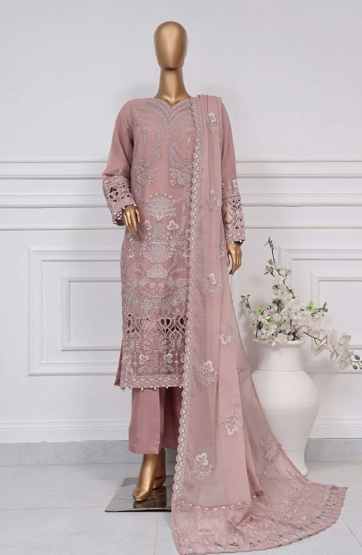 Afsanay by Sadabahar Embroidered Chiffon Stitched 3 Piece Suit - KR -02 A - SD25AC - Light Pink - Festive Collection