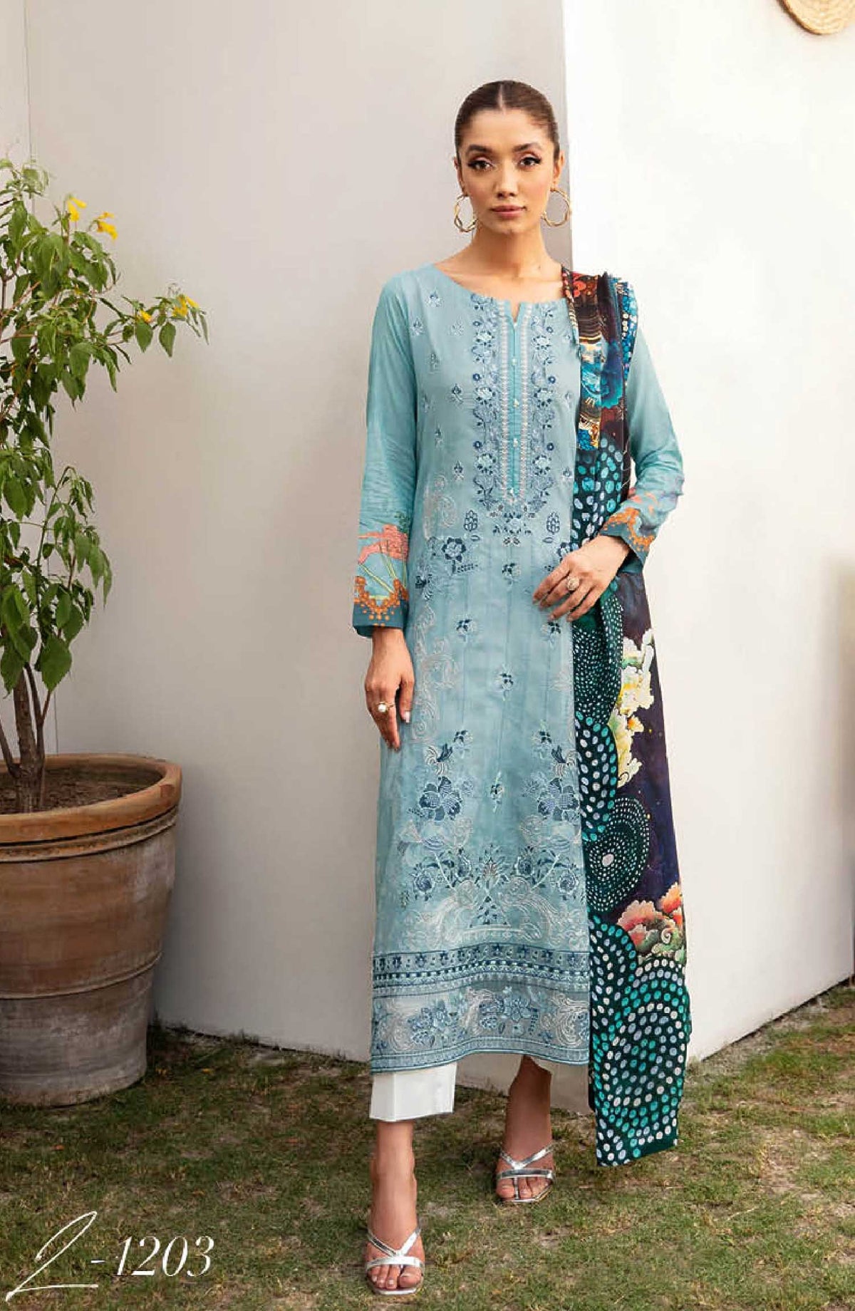 Mashaal by Ramsha Embroidered Lawn Unstitched 3 Piece Suit - L 1203 - R25M12 - Light Blue - Summer Collection