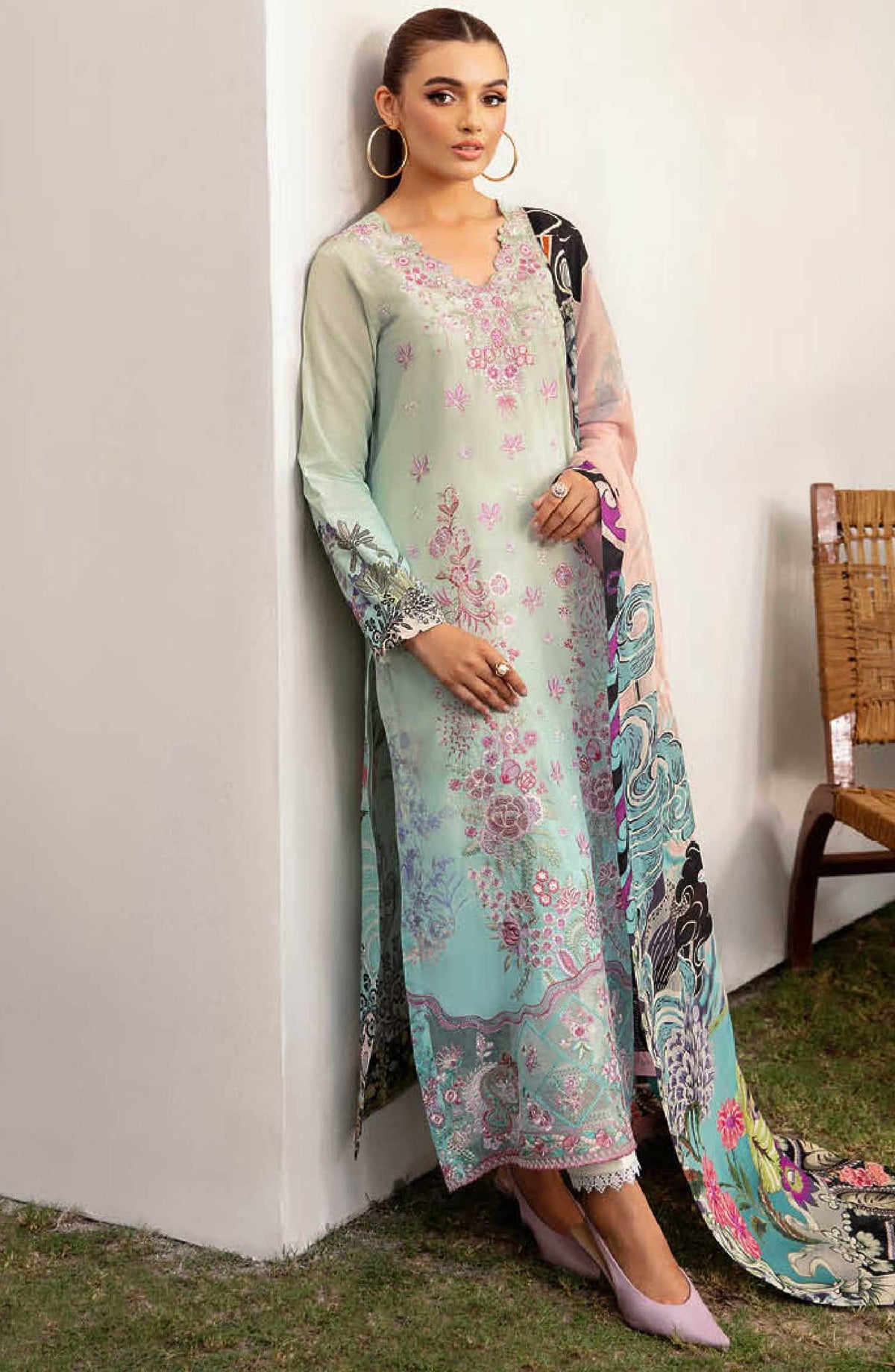 Mashaal by Ramsha Embroidered Lawn Unstitched 3 Piece Suit - L 1206 - R25M12 - Light Blue - Summer Collection
