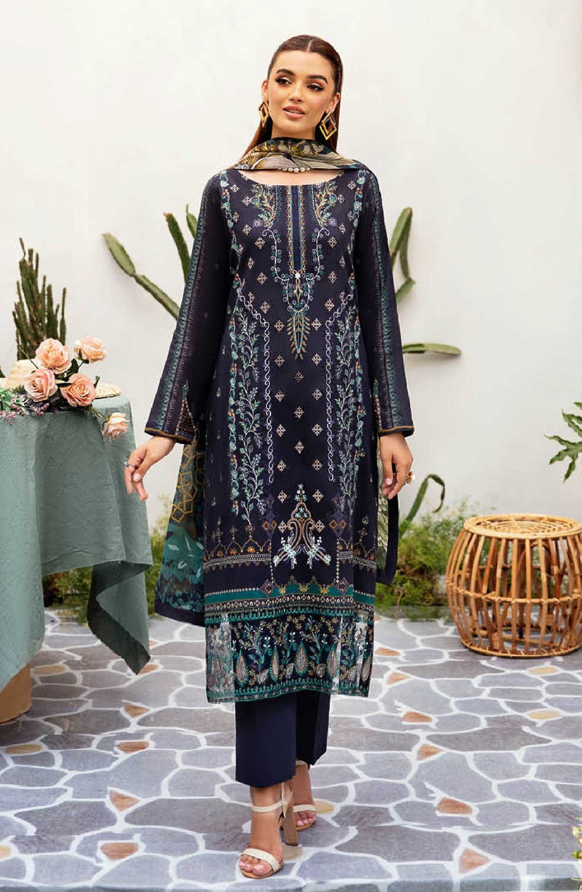 Mashaal by Ramsha Embroidered Lawn Unstitched 3 Piece Suit - L 1207 - R25M12 - Dark Blue - Summer Collection
