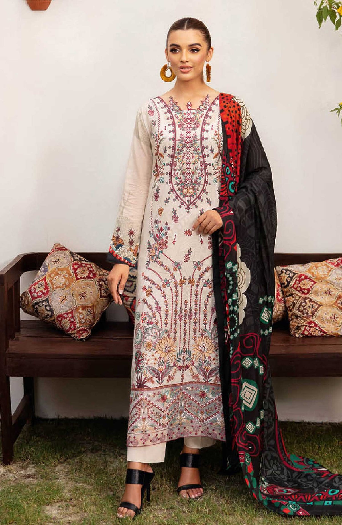 Mashaal by Ramsha Embroidered Lawn Unstitched 3 Piece Suit - L 1208 - R25M12 - Off White - Summer Collection