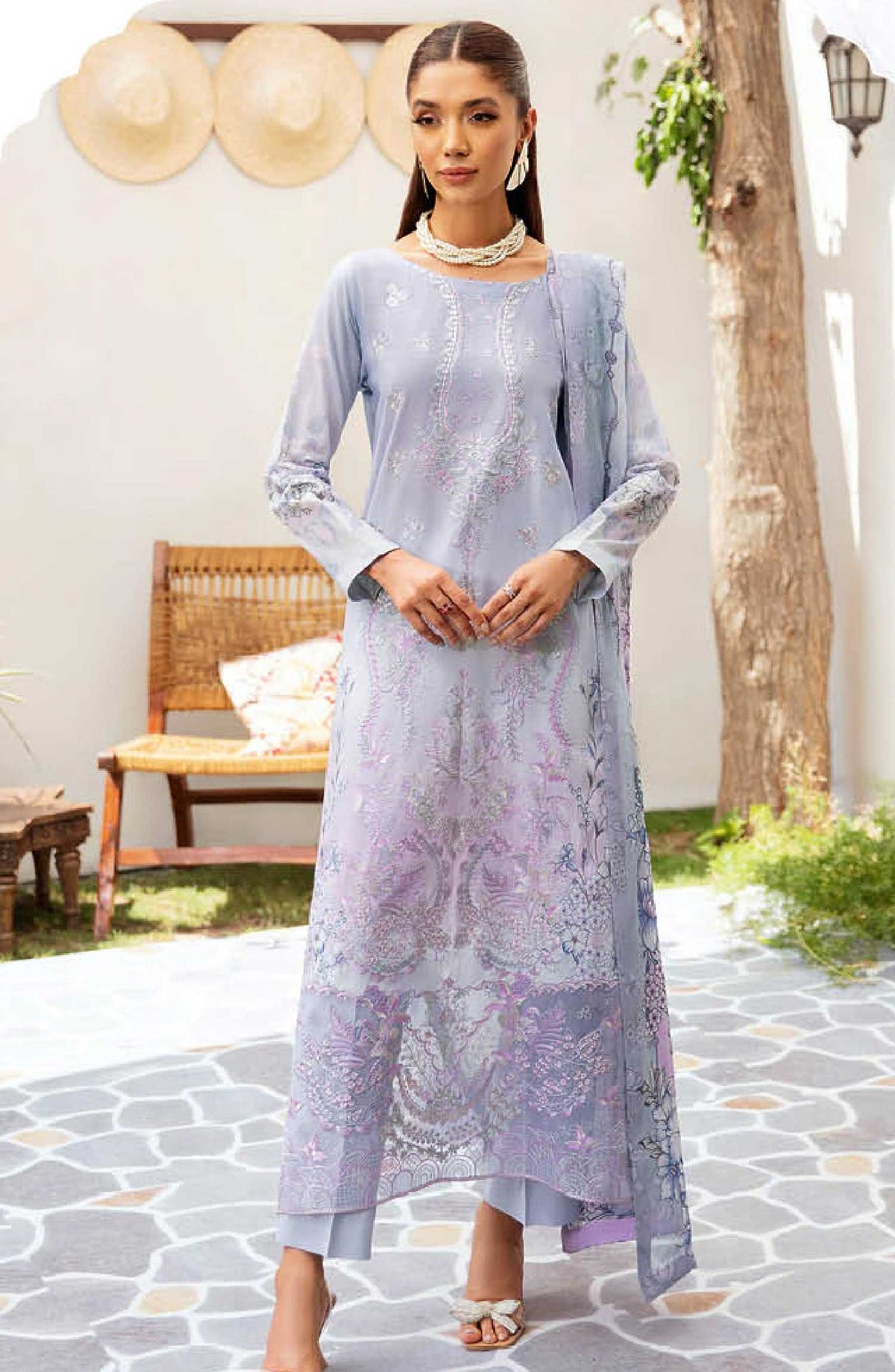 Mashaal by Ramsha Embroidered Lawn Unstitched 3 Piece Suit - L 1211 - R25M12 - Light Blue - Summer Collection