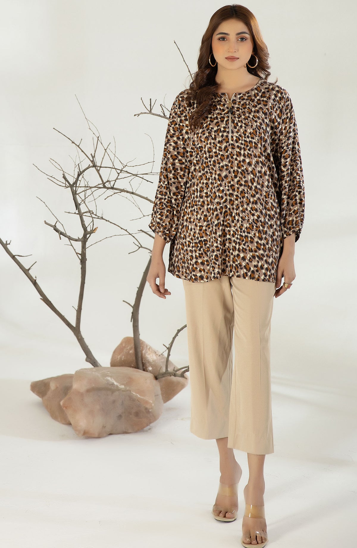 La Rosaa Printed Georgette Stitched Kurties - LA3-06 - Cheetah - Brown - Casual Collection