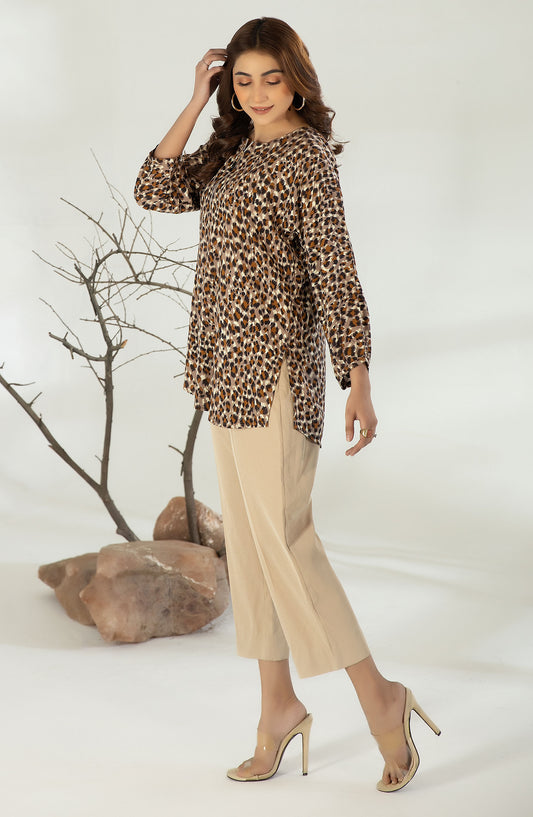 La Rosaa Printed Georgette Stitched Kurties - LA3-06 - Cheetah - Brown - Casual Collection