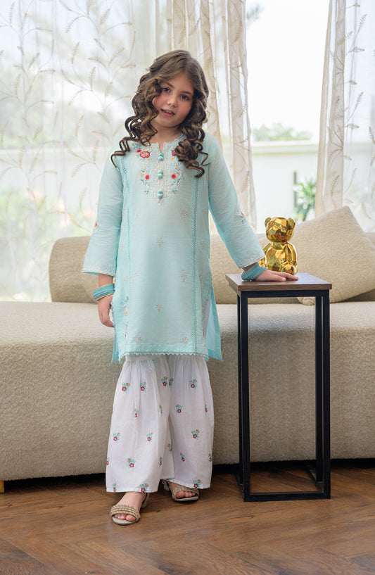Fresh Birds Embroidered Cotton Lawn Stitched 2 Piece Suit - Laleh - FBR26TW - Sky Blue - Festive Girls Collection