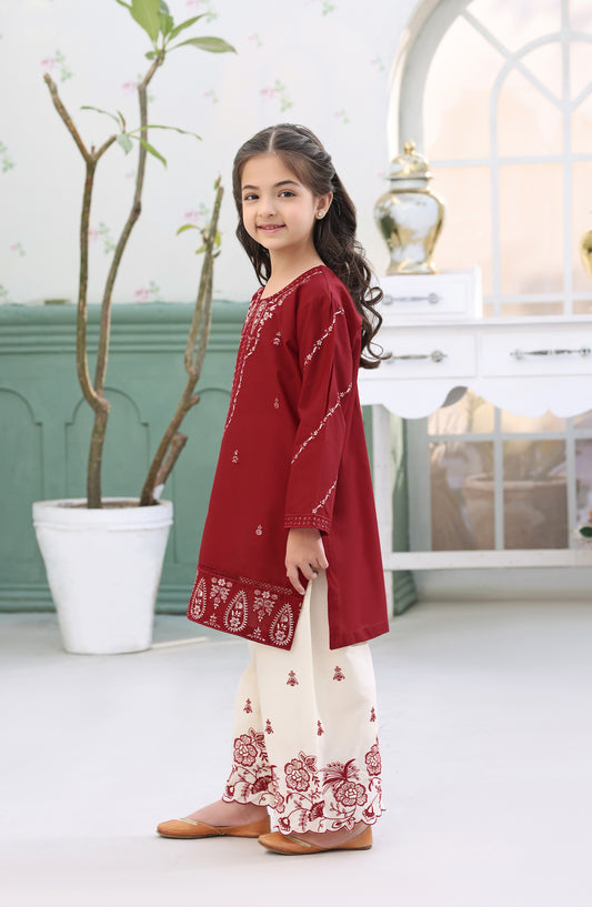 Fresh Birds Embroidered Cotton Lawn Stitched 2 Piece Suit - Lal Pari - FBR26TW - Red - Festive Girls Collection