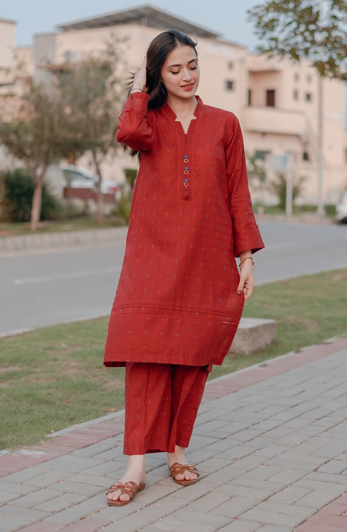 La Rosaa Casual cotton Stitched 2 Piece - Lara - Maroon - Casual Collection