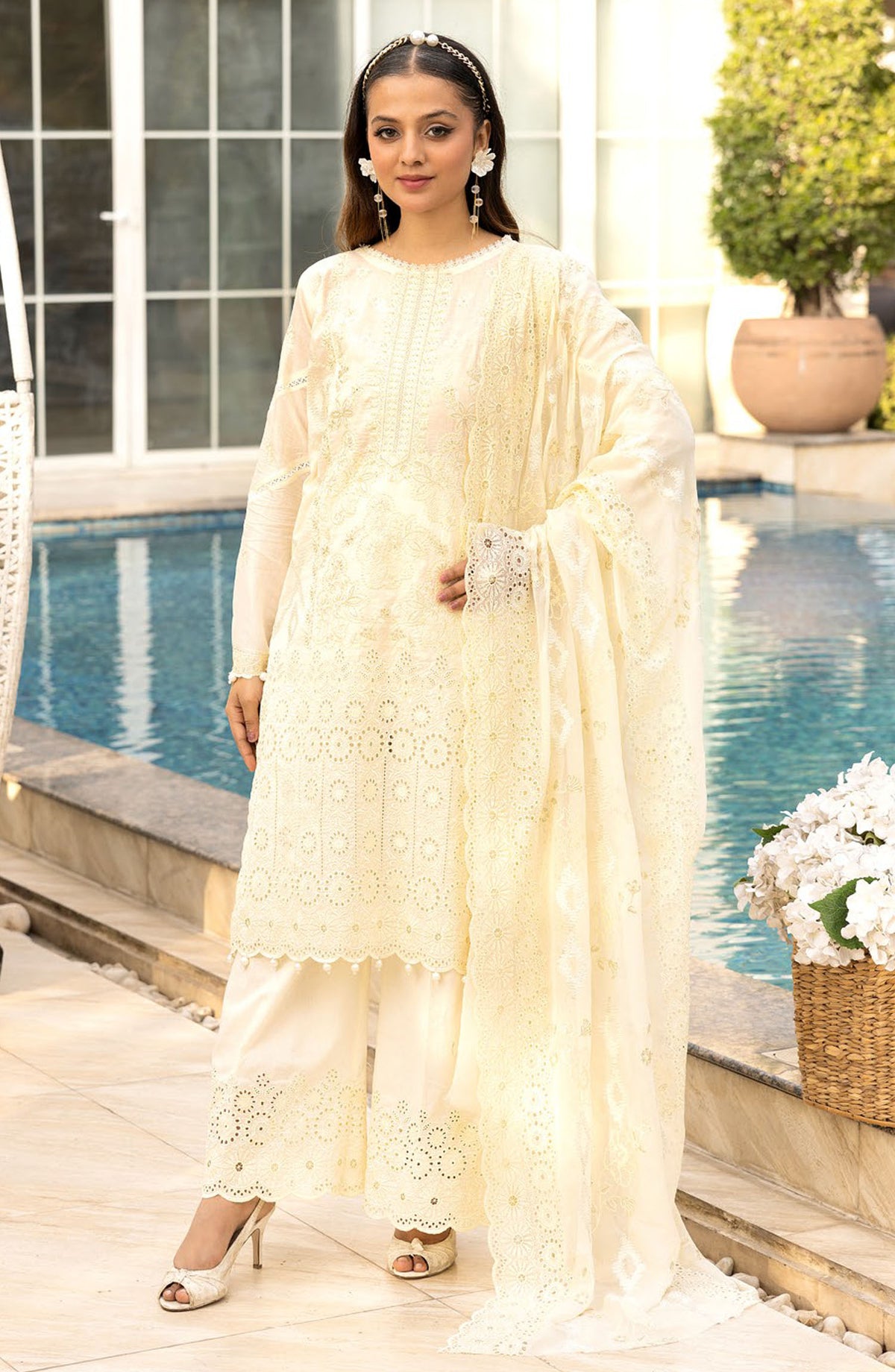 Lawnkari by Bunai Embroidered Lawn Unstitched 3 Piece Suit - D-08 - BUN25LK - Off White - Summer Collection