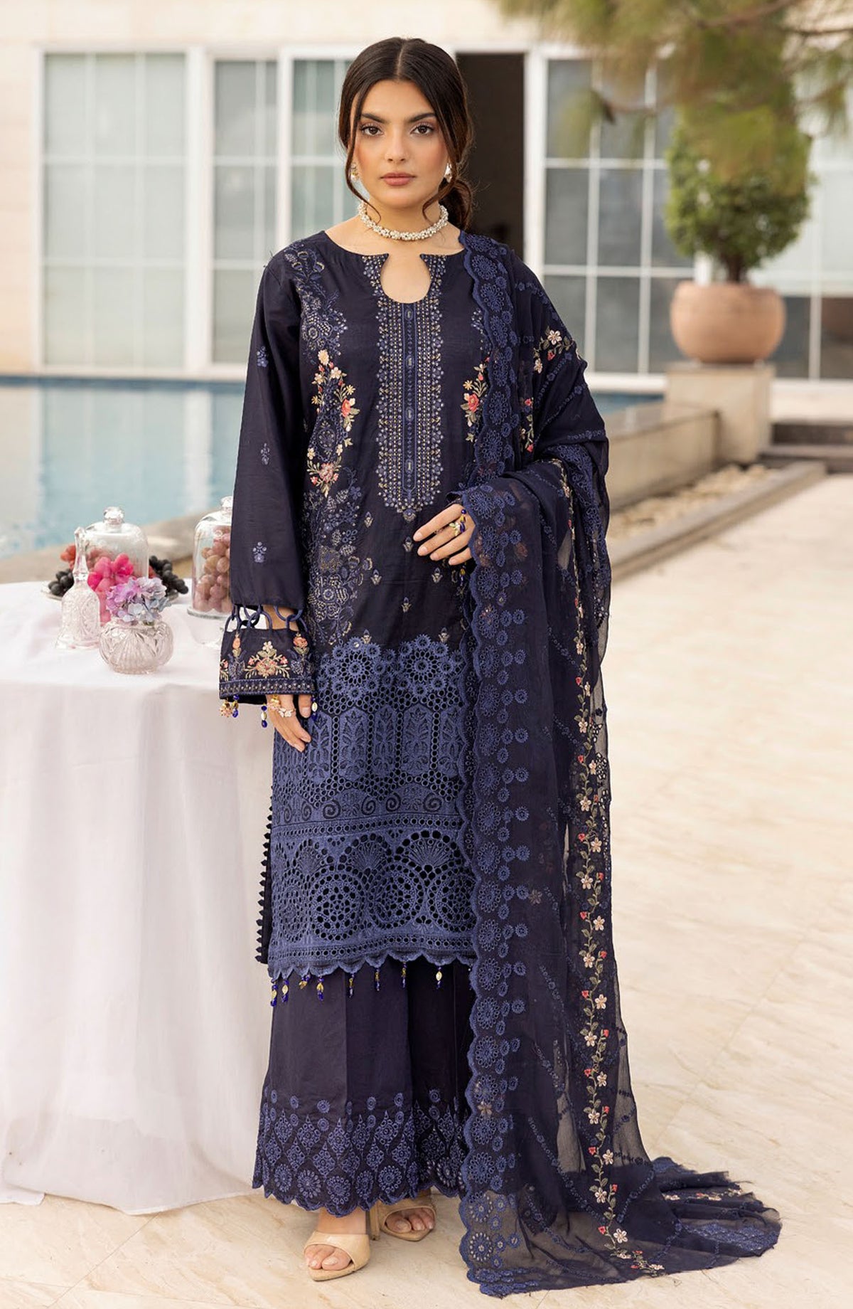 Lawnkari by Bunai Embroidered Lawn Unstitched 3 Piece Suit - D-05 - BUN25LK - Blue - Summer Collection