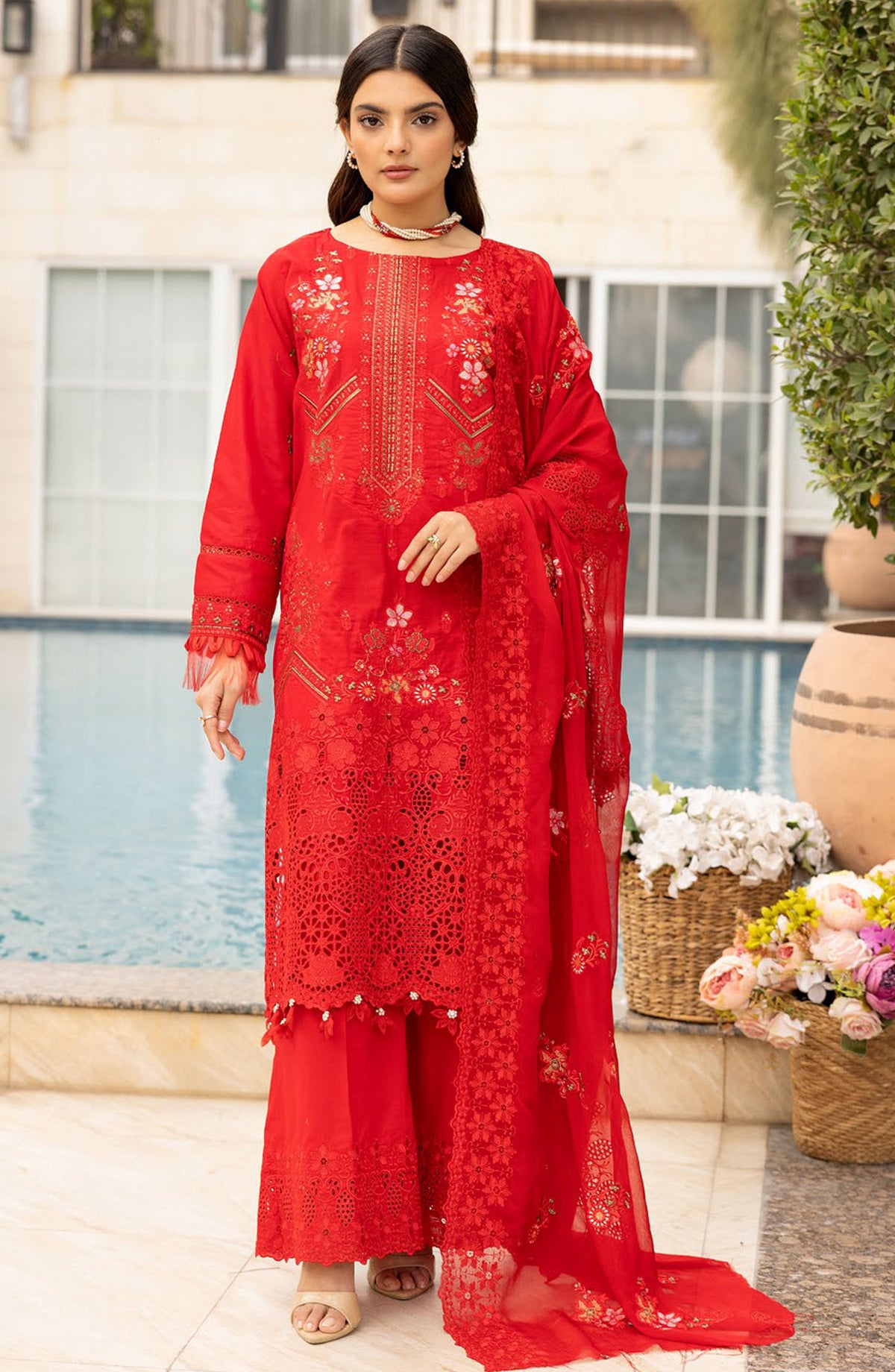 Lawnkari by Bunai Embroidered Lawn Unstitched 3 Piece Suit - D-01 - BUN25LK - Red - Summer Collection