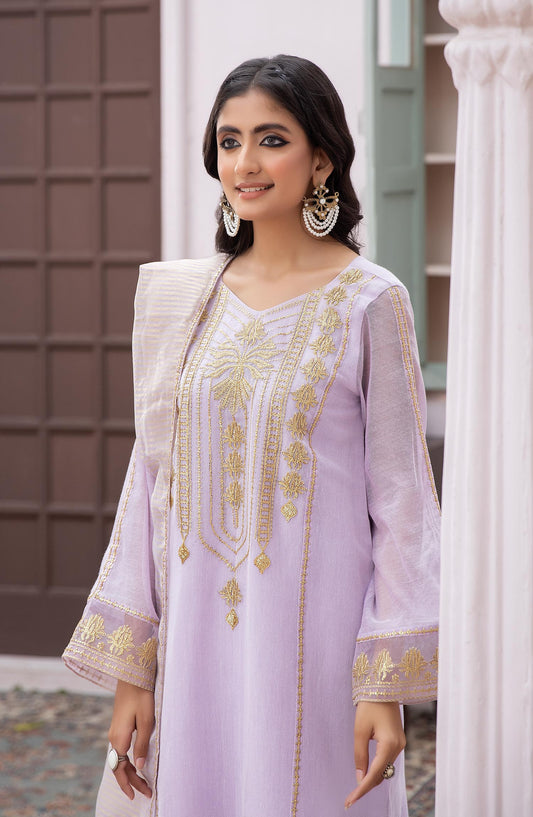 La Rosaa Embroidered Khaadi Net Stitched 3 Piece - LE-24-01 Lilac - LR25L - Lilac - Luxury Collection