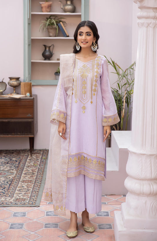 La Rosaa Embroidered Khaadi Net Stitched 3 Piece - LE-24-01 Lilac - LR25L - Lilac - Luxury Collection