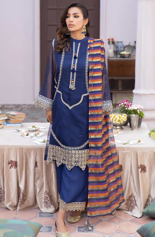 La Rosaa Embroidered Khaadi Net Stitched 3 Piece - LE-24-03 Navy Blue - LR25L - Navy Blue - Luxury Collection