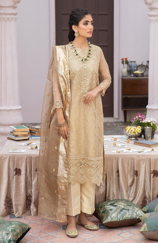 La Rosaa Embroidered Khaadi Net Stitched 3 Piece - LE-24-05 Golden - LR25L - Golden - Luxury Collection