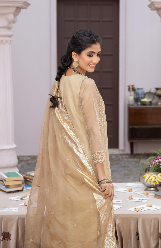 La Rosaa Embroidered Khaadi Net Stitched 3 Piece - LE-24-05 Golden - LR25L - Golden - Luxury Collection