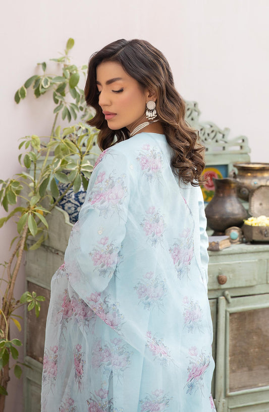 La Rosaa Embroidered Lawn Stitched 3 Piece - LE-24-09 Light Blue - LR25L - Light Blue - Luxury Collection