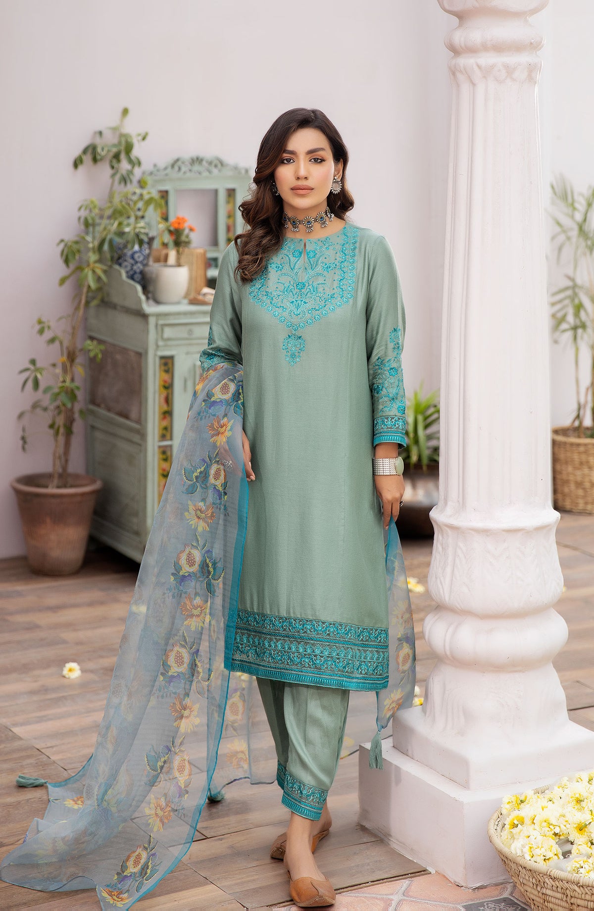 La Rosaa Embroidered Cotton Stitched 3 Piece - LE-24-11 Juniper - Blue - Casual Collection