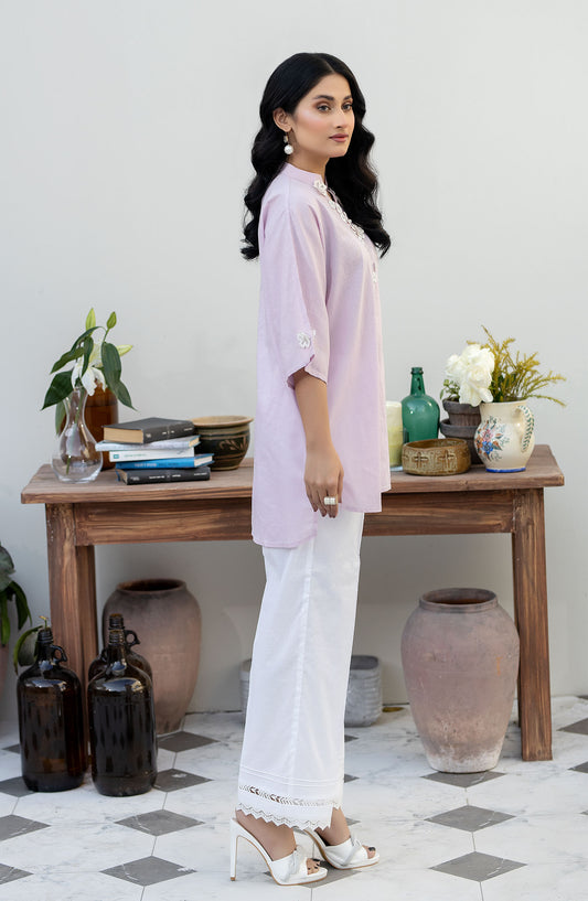 La Rosaa Solid Linen Stitched Kurties - LEE-24-01 - Lilac - Casual Collection