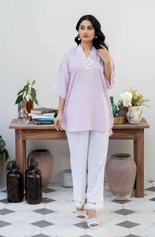 La Rosaa Solid Linen Stitched Kurties - LEE-24-01 - Lilac - Casual Collection