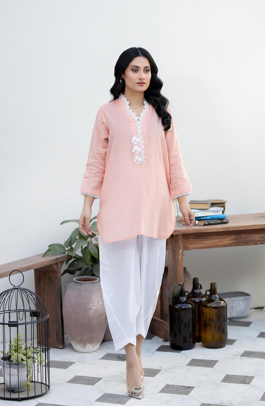 La Rosaa Solid Lawn Stitched Kurties - LEE-24-05 - Peach - Casual Collection
