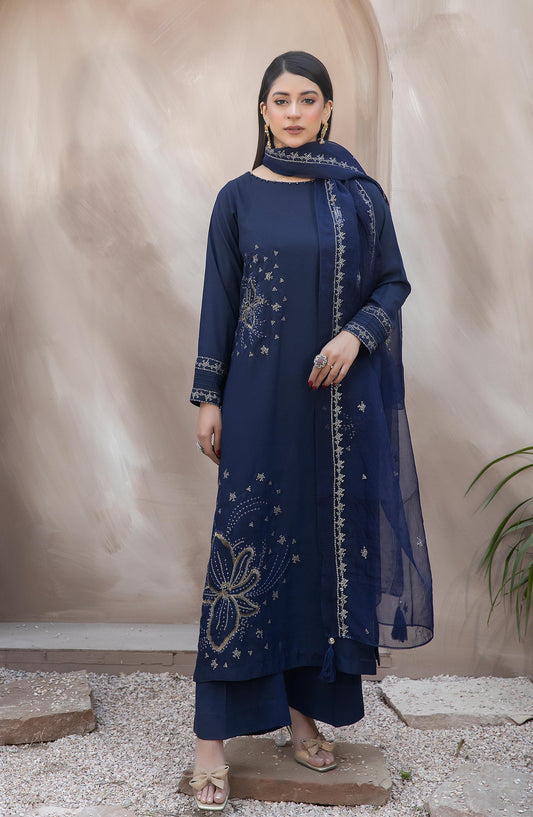 La Rosaa Embroidered Georgette Stitched 3 Piece - LF2-05 Blue - LR25L - Blue - Luxury Collection