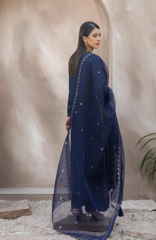 La Rosaa Embroidered Georgette Stitched 3 Piece - LF2-05 Blue - LR25L - Blue - Luxury Collection