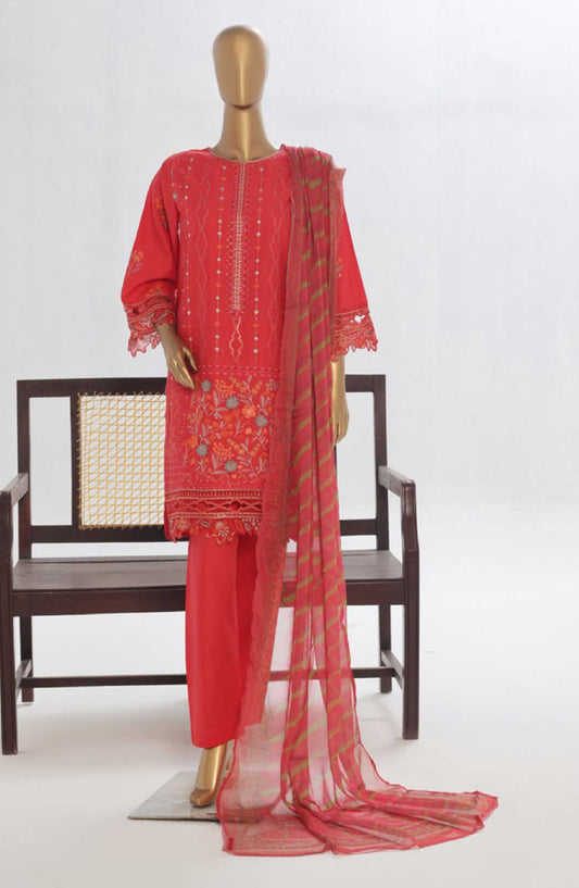 Bin Saeed Embroidered Lawn Stitched 3 Piece Suit - LF 138A - BS25LF - Red - Summer Collection