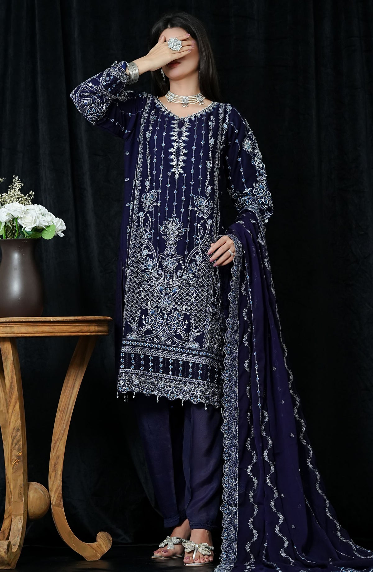 La Fleur by Amna Khadija Embroidered Chiffon Stitched 3 Piece Suit - LFFP-11 GLEX02 - AM25LFD2 - Blue - Festive Collection
