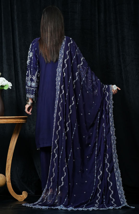 La Fleur by Amna Khadija Embroidered Chiffon Stitched 3 Piece Suit - LFFP-11 GLEX02 - AM25LFD2 - Blue - Festive Collection