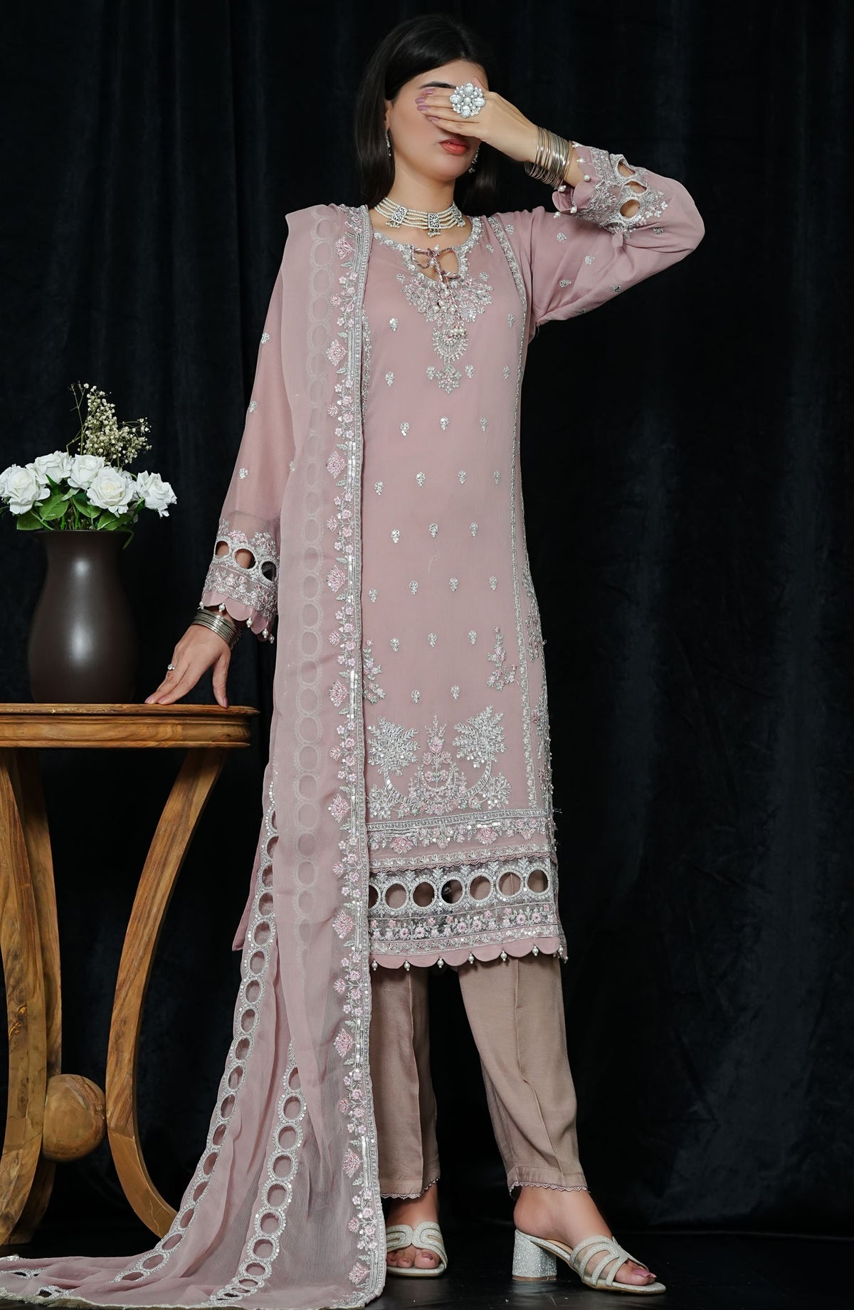 La Fleur by Amna Khadija Embroidered Chiffon Stitched 3 Piece Suit - LFFP-14 LEC - AM25LFD2 - Pink - Festive Collection