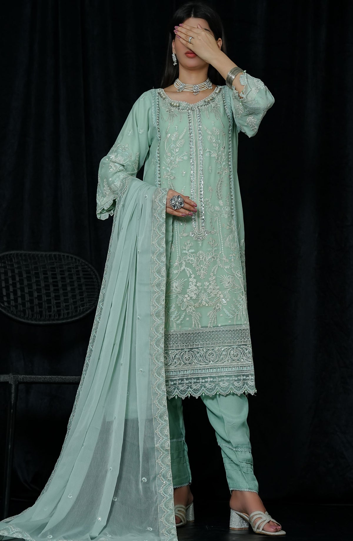 La Fleur by Amna Khadija Embroidered Chiffon Stitched 3 Piece Suit - LFFP-16 GLEX01 - AM25LFD2 - Green - Festive Collection