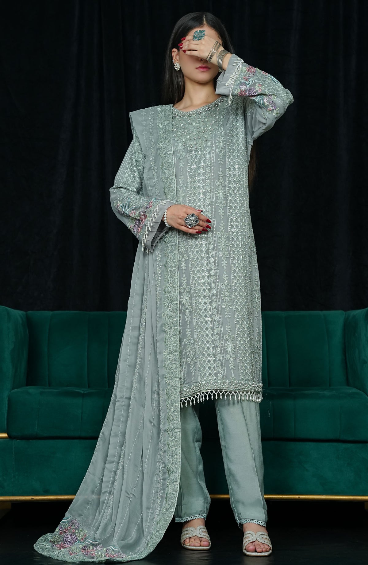 La Fleur by Amna Khadija Embroidered Chiffon Stitched 3 Piece Suit - LFFP-17 MBCH01 - AM25LFD2 - Green - Festive Collection