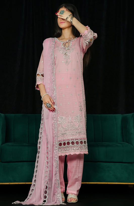 La Fleur by Amna Khadija Embroidered Lawn Stitched 3 Piece Suit - LFFP-18 LEC - AM25LFD2 - Pink - Festive Collection